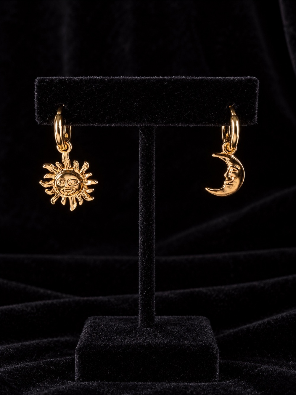 Gold Sun and Crescent Moon Charm Hoop Earrings